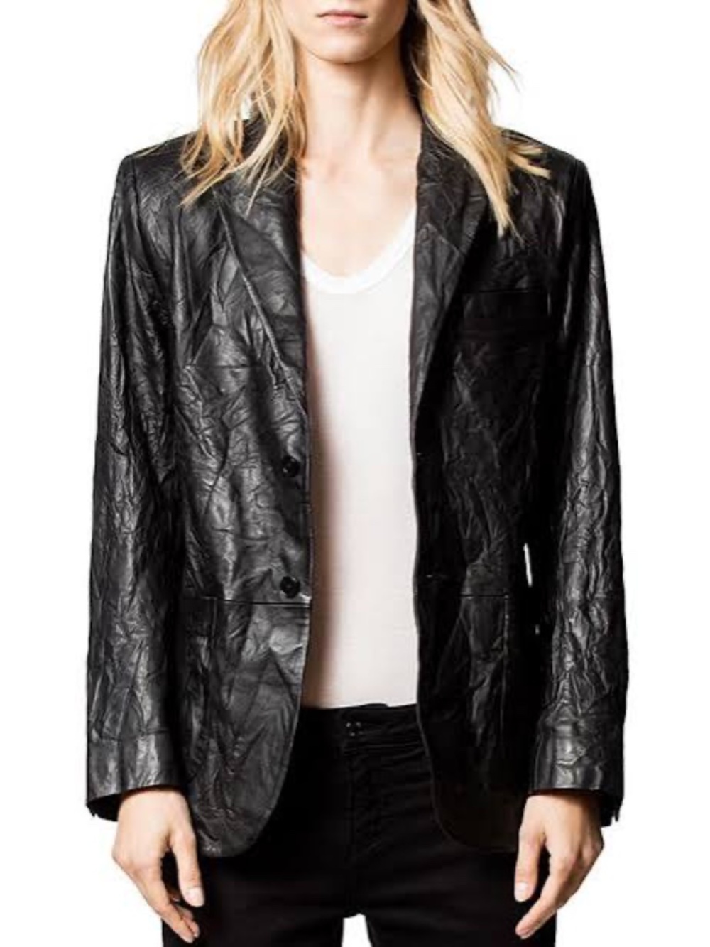 NWT Zadig & Voltaire Volta Cuir Froisse Crinkled Leather Blazer Jacket Black L